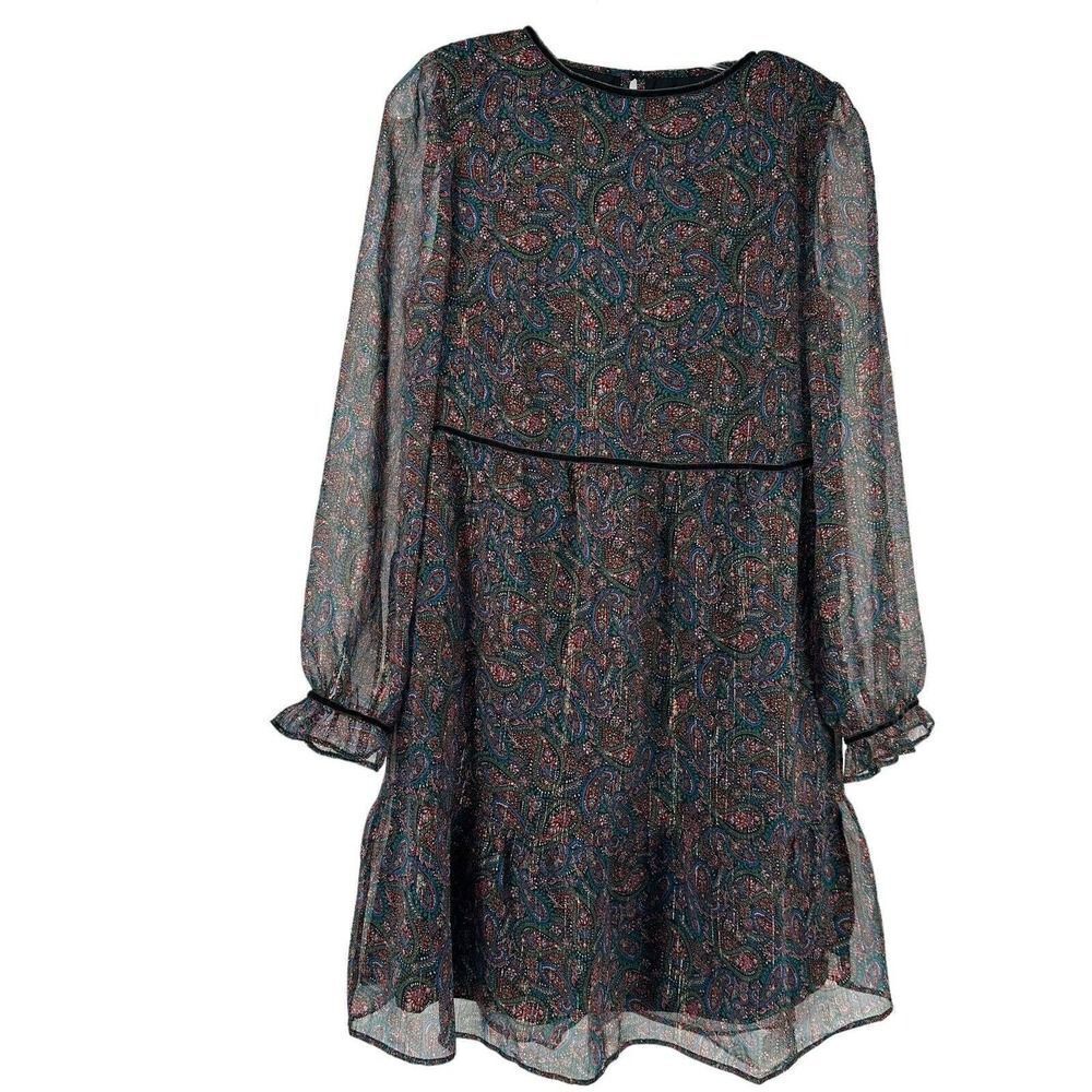 LOFT Shimmer Paisley Velvet Trim Swing Dress XS Black Long Sleeve Ruffle Cuff